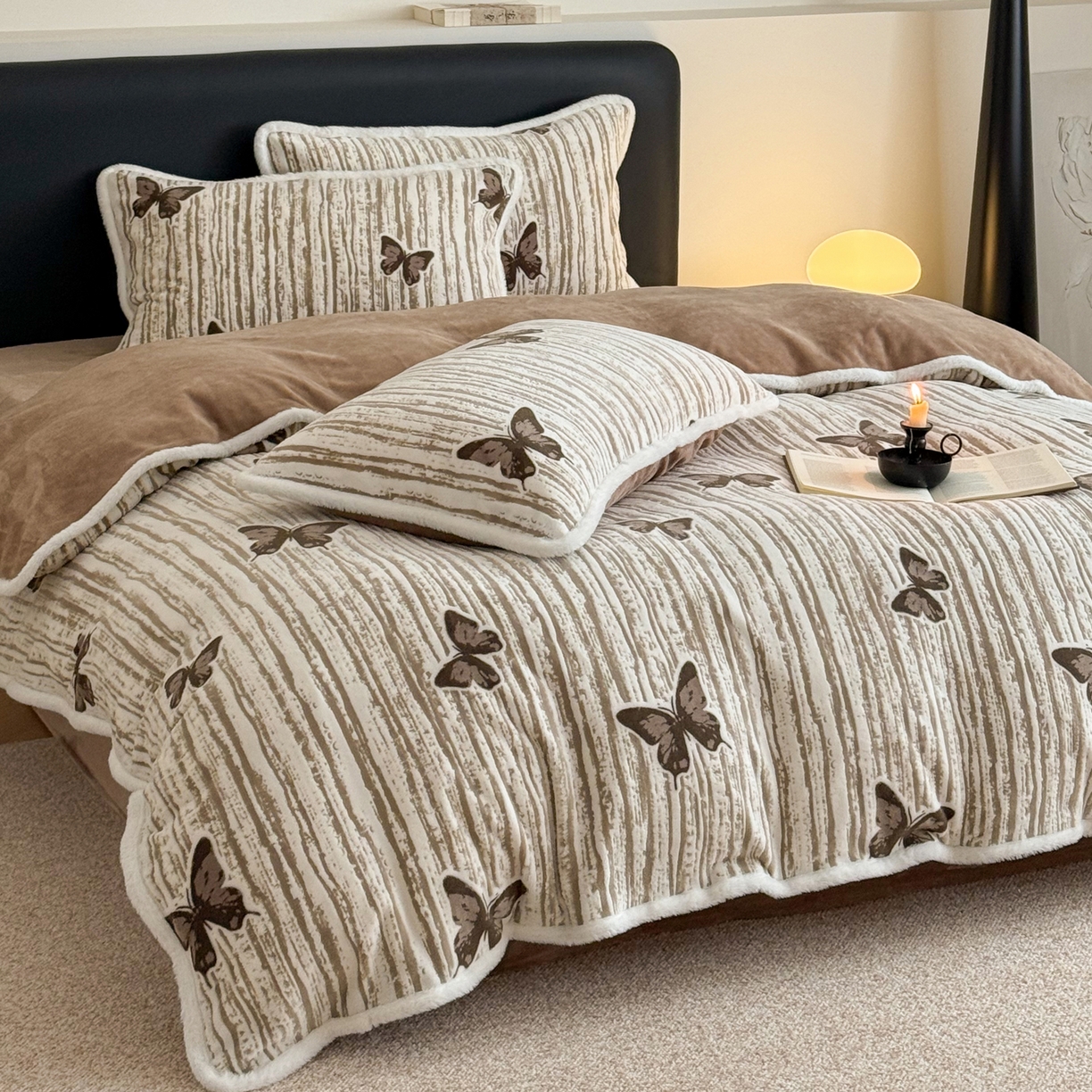 91家纺网 家纺一手货源 找家纺 沐棉家居 2025新款高克重立体雕花牛奶绒保暖四件套 光影蝴蝶