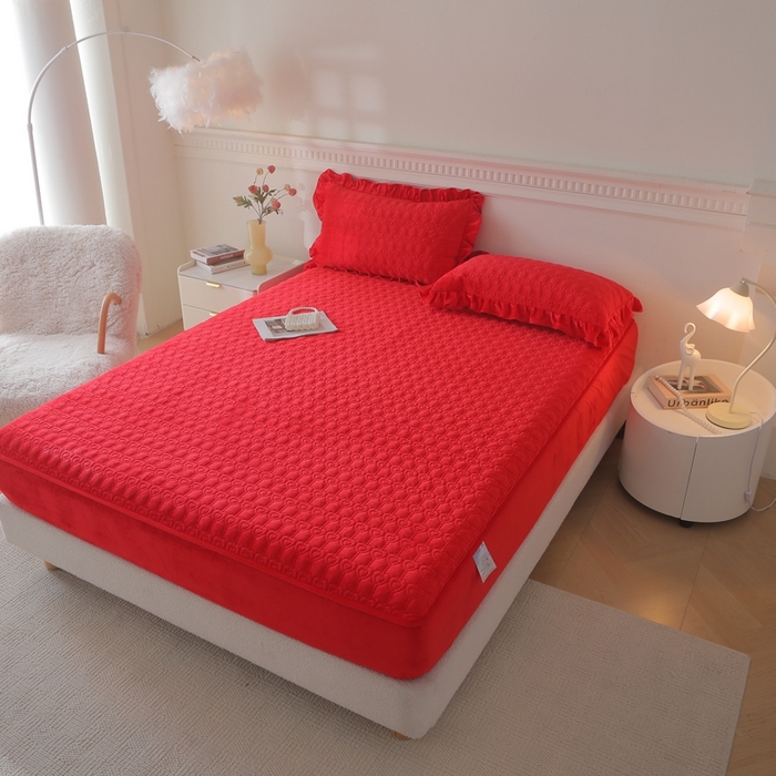 91家纺网 家纺一手货源 找家纺 怡源梦 2025新款A类牛奶绒夹棉床笠三件套-甜心公主系列 大红色