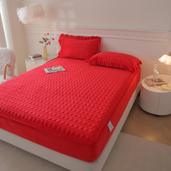 91家纺网 家纺一手货源 找家纺 怡源梦 2025新款A类牛奶绒夹棉床笠三件套-甜心公主系列 大红色