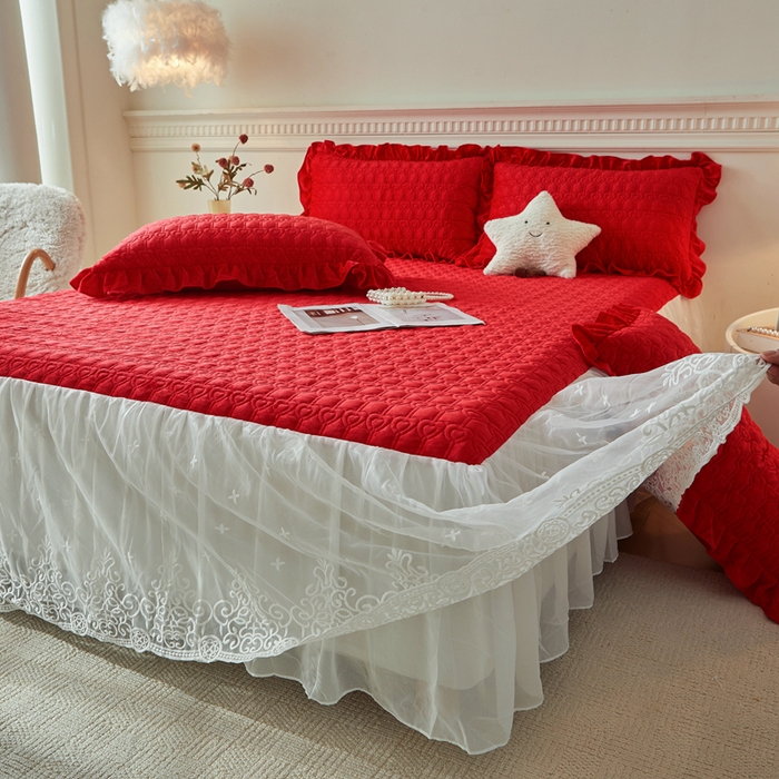 91家纺网 家纺一手货源 找家纺 怡源梦 2025新款牛奶绒床裙四件套-甜心公主系列 大红色