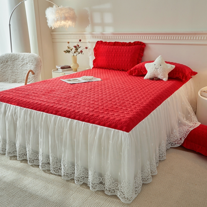91家纺网 家纺一手货源 找家纺 怡源梦 2025新款牛奶绒床裙四件套-甜心公主系列 大红色