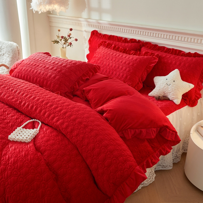 怡源梦 2025新款牛奶绒床裙四件套-甜心公主系列 大红色