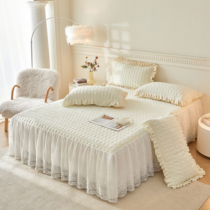 91家纺网 家纺一手货源 找家纺 怡源梦 2025新款牛奶绒床裙四件套-甜心公主系列 米白色