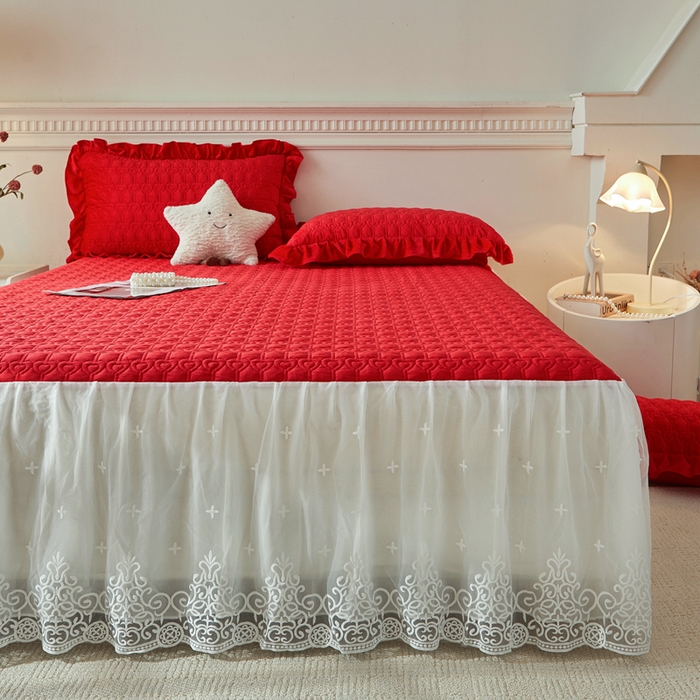 91家纺网 家纺一手货源 找家纺 怡源梦 2025新款牛奶绒床裙四件套-甜心公主系列 大红色