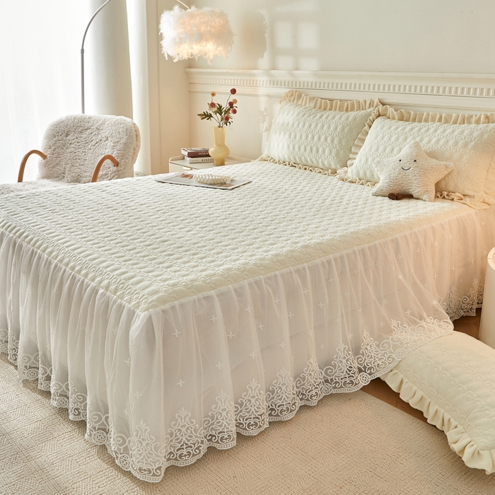 91家纺网 家纺一手货源 找家纺 怡源梦 2025新款牛奶绒床裙四件套-甜心公主系列 米白色