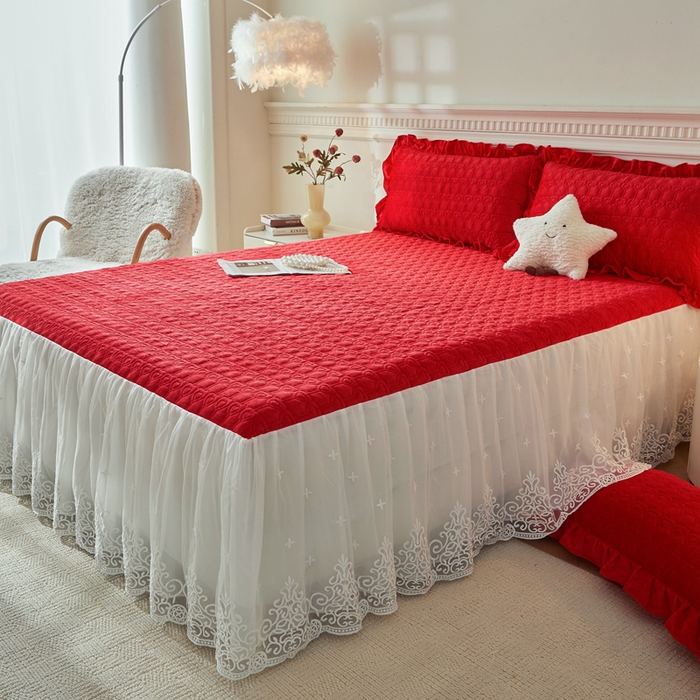 91家纺网 家纺一手货源 找家纺 怡源梦 2025新款牛奶绒床裙四件套-甜心公主系列 大红色