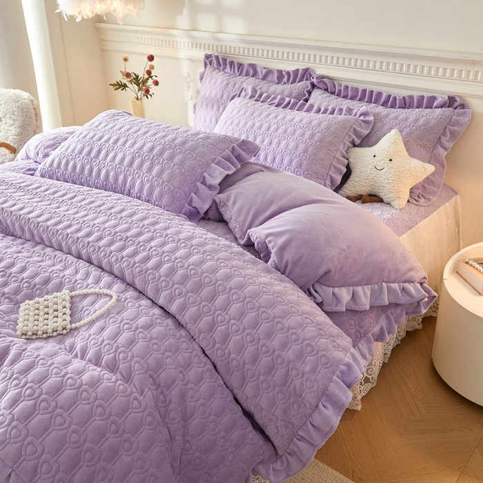 91家纺网 家纺一手货源 找家纺 怡源梦 2025新款牛奶绒床裙四件套-甜心公主系列 紫色