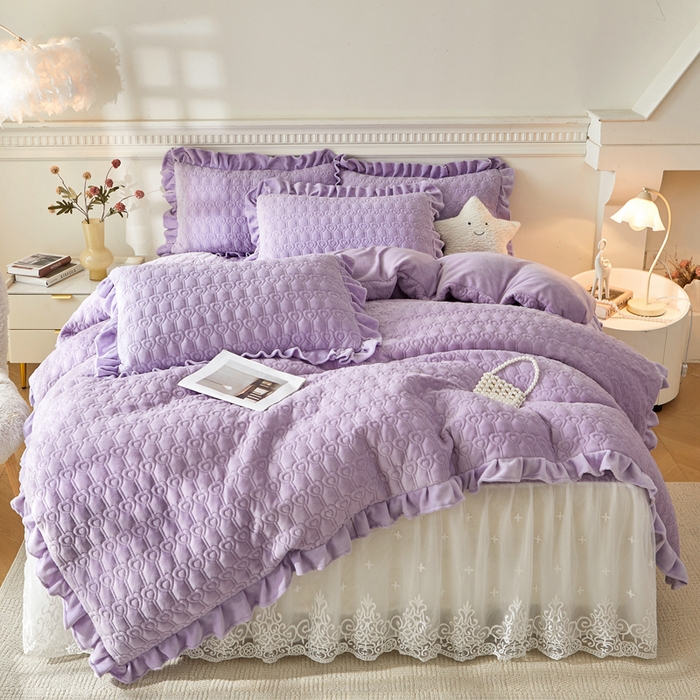 91家纺网 家纺一手货源 找家纺 怡源梦 2025新款牛奶绒床裙四件套-甜心公主系列 紫色