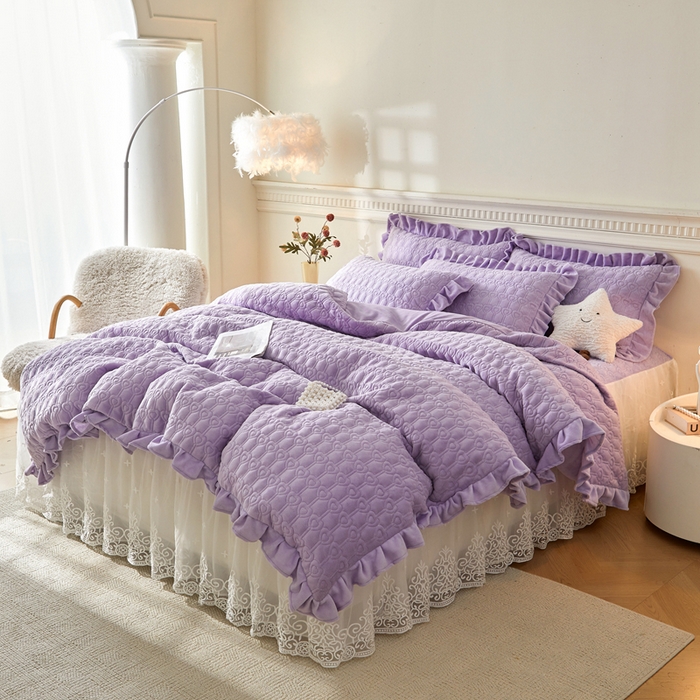 91家纺网 家纺一手货源 找家纺 怡源梦 2025新款牛奶绒床裙四件套-甜心公主系列 紫色