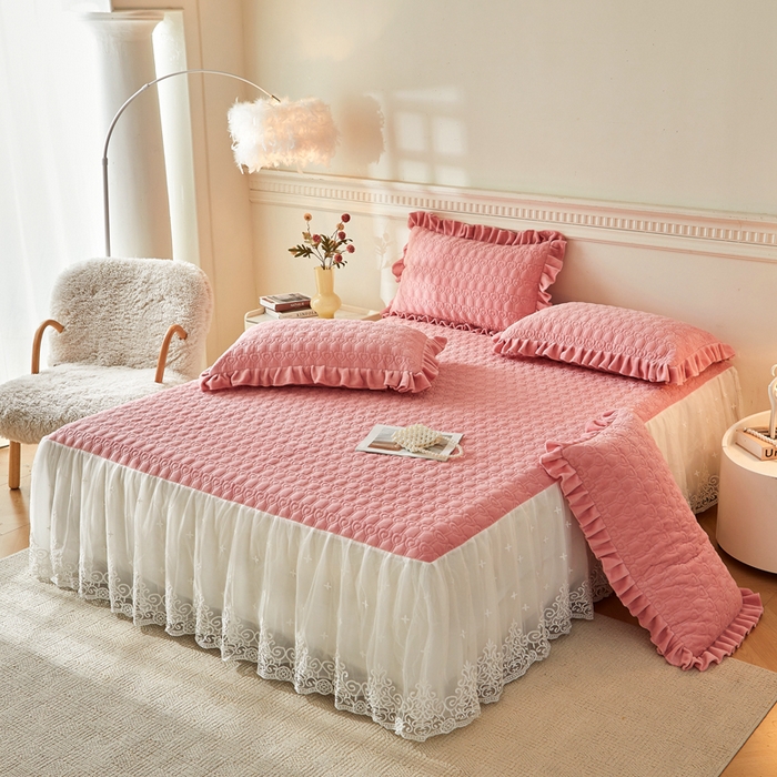 91家纺网 家纺一手货源 找家纺 怡源梦 2025新款牛奶绒床裙四件套-甜心公主系列 粉玉色