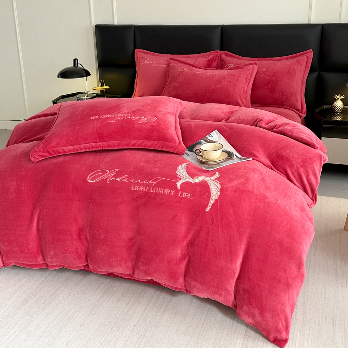 91家纺网 家纺一手货源 找家纺 悦织湾家纺 2025新款牛奶绒纯色刺绣四件套-宽镜 宽镜-豆沙