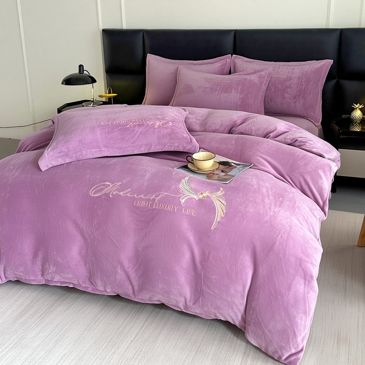 91家纺网 家纺一手货源 找家纺 悦织湾家纺 2025新款牛奶绒纯色刺绣四件套-宽镜 宽镜-浅紫