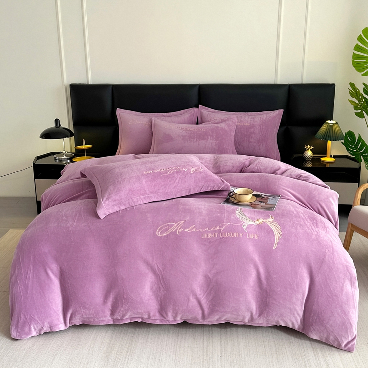 91家纺网 家纺一手货源 找家纺 悦织湾家纺 2025新款牛奶绒纯色刺绣四件套-宽镜 宽镜-浅紫