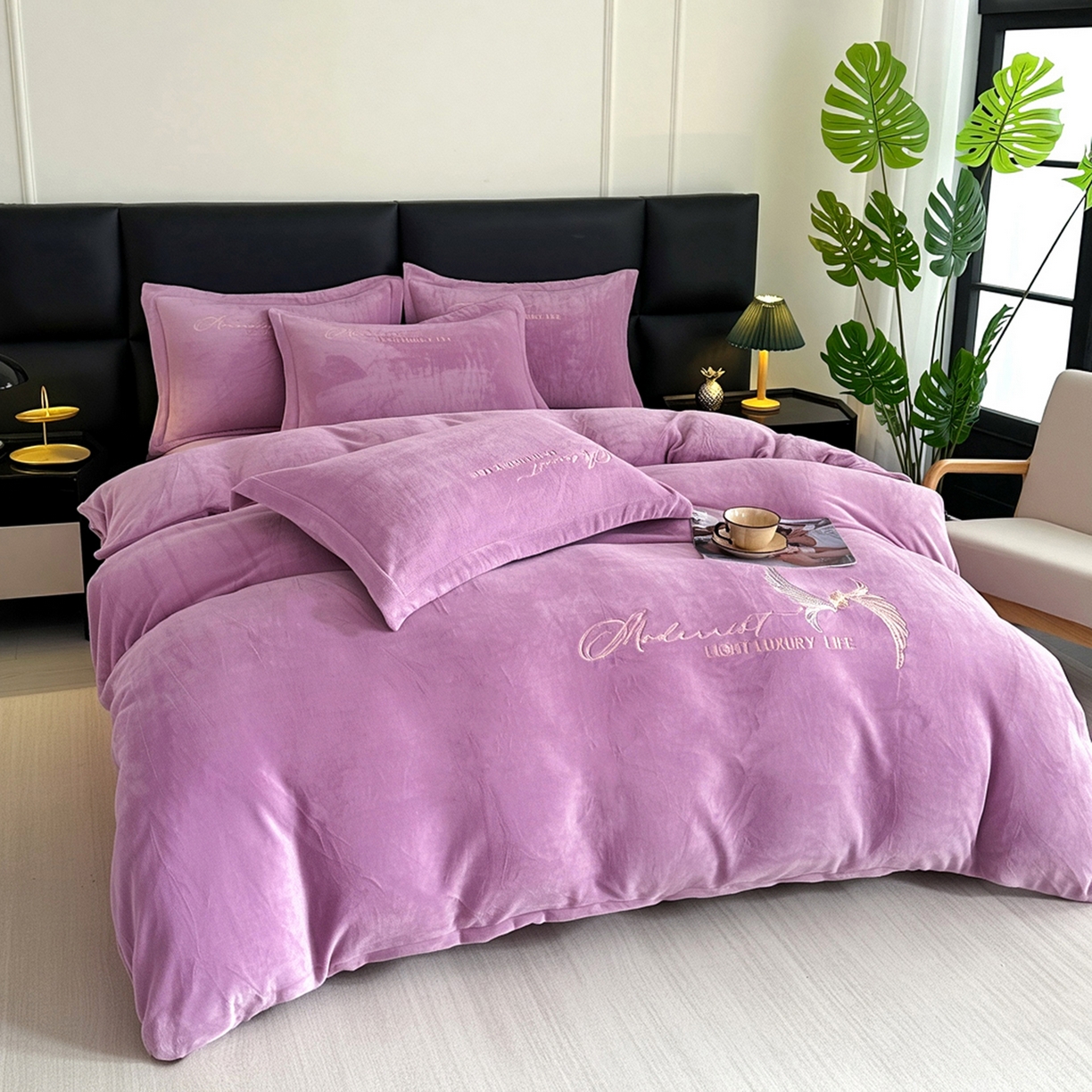 91家纺网 家纺一手货源 找家纺 悦织湾家纺 2025新款牛奶绒纯色刺绣四件套-宽镜 宽镜-浅紫