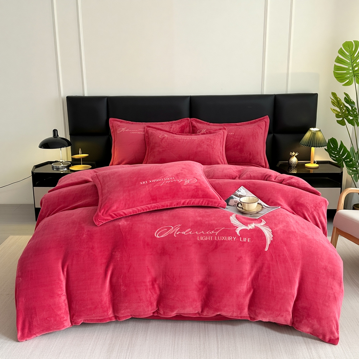 91家纺网 家纺一手货源 找家纺 悦织湾家纺 2025新款牛奶绒纯色刺绣四件套-宽镜 宽镜-豆沙