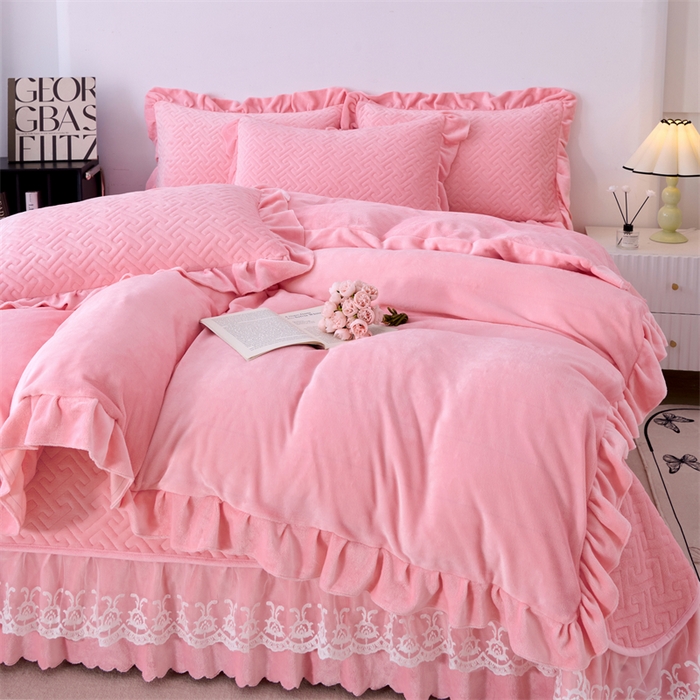 91家纺网 家纺一手货源 找家纺 （总）畅畅家纺 2025新款11斤纯色韩版冬季超柔加厚牛奶花边床盖四件套