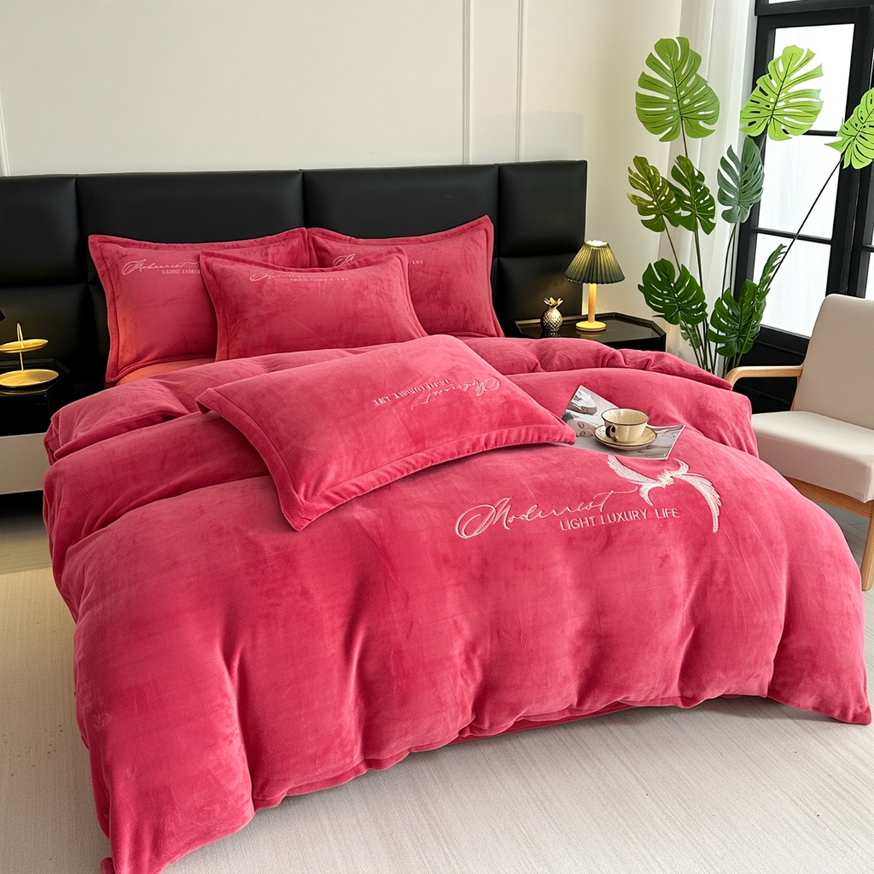 91家纺网 家纺一手货源 找家纺 悦织湾家纺 2025新款牛奶绒纯色刺绣四件套-宽镜 宽镜-豆沙