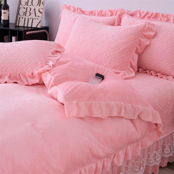 91家纺网 家纺一手货源 找家纺 （总）畅畅家纺 2025新款11斤纯色韩版冬季超柔加厚牛奶花边床盖四件套