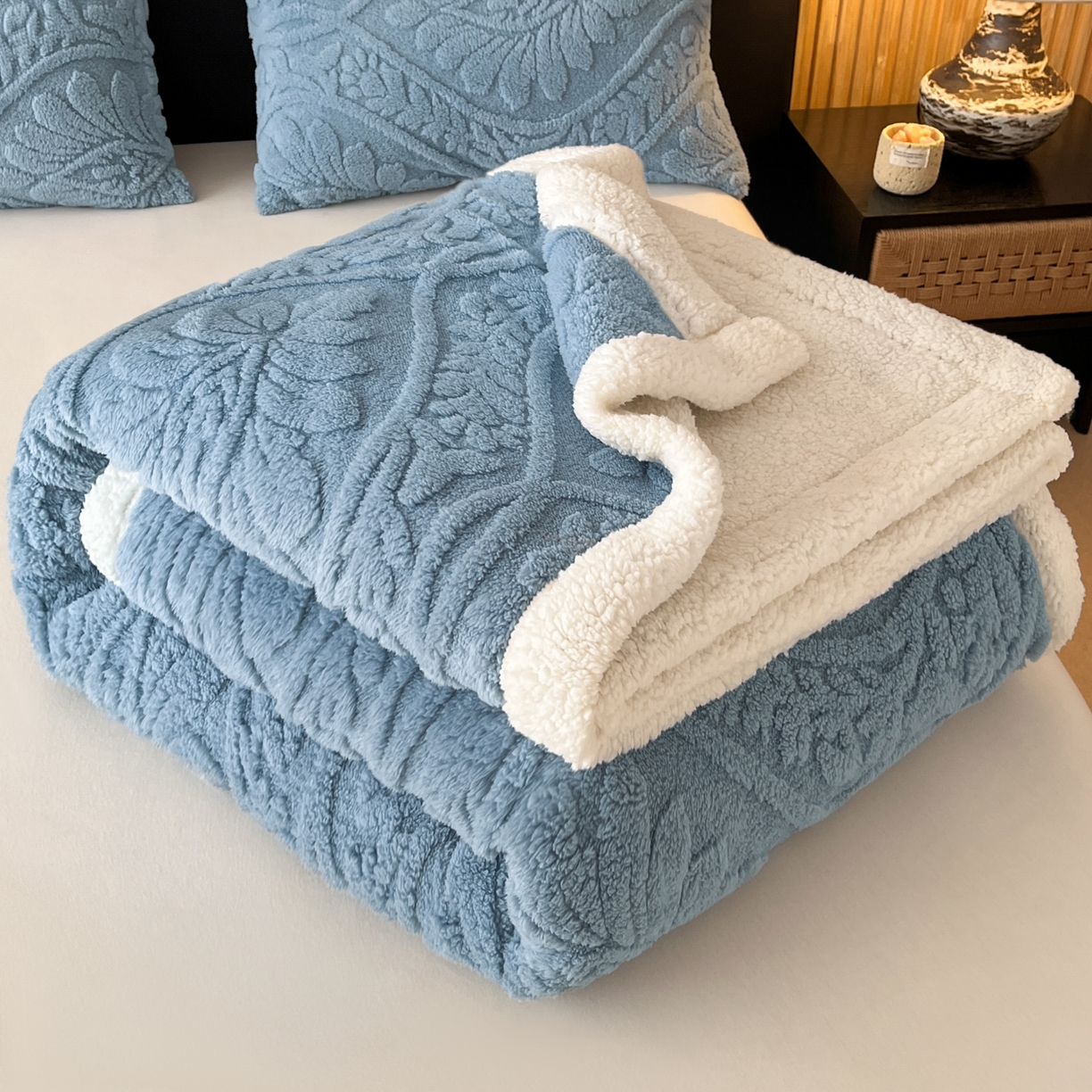 欧邦 2025新款提塔芙绒绒羊羔绒毛毯-繁花 繁花-午夜蓝