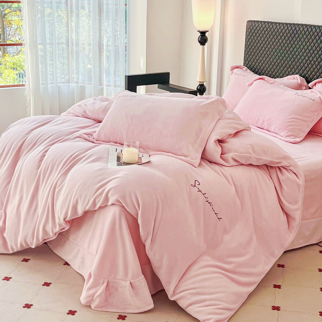 91家纺网 家纺一手货源 找家纺 庭笙 2025新款加厚牛奶绒8斤/9斤纯色蓄热保暖四件套-米莱 米莱-粉