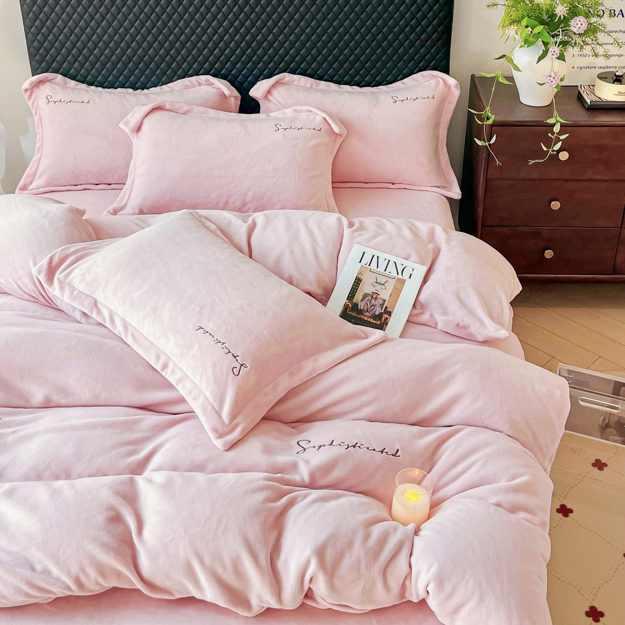 91家纺网 家纺一手货源 找家纺 庭笙 2025新款加厚牛奶绒8斤/9斤纯色蓄热保暖四件套-米莱 米莱-粉