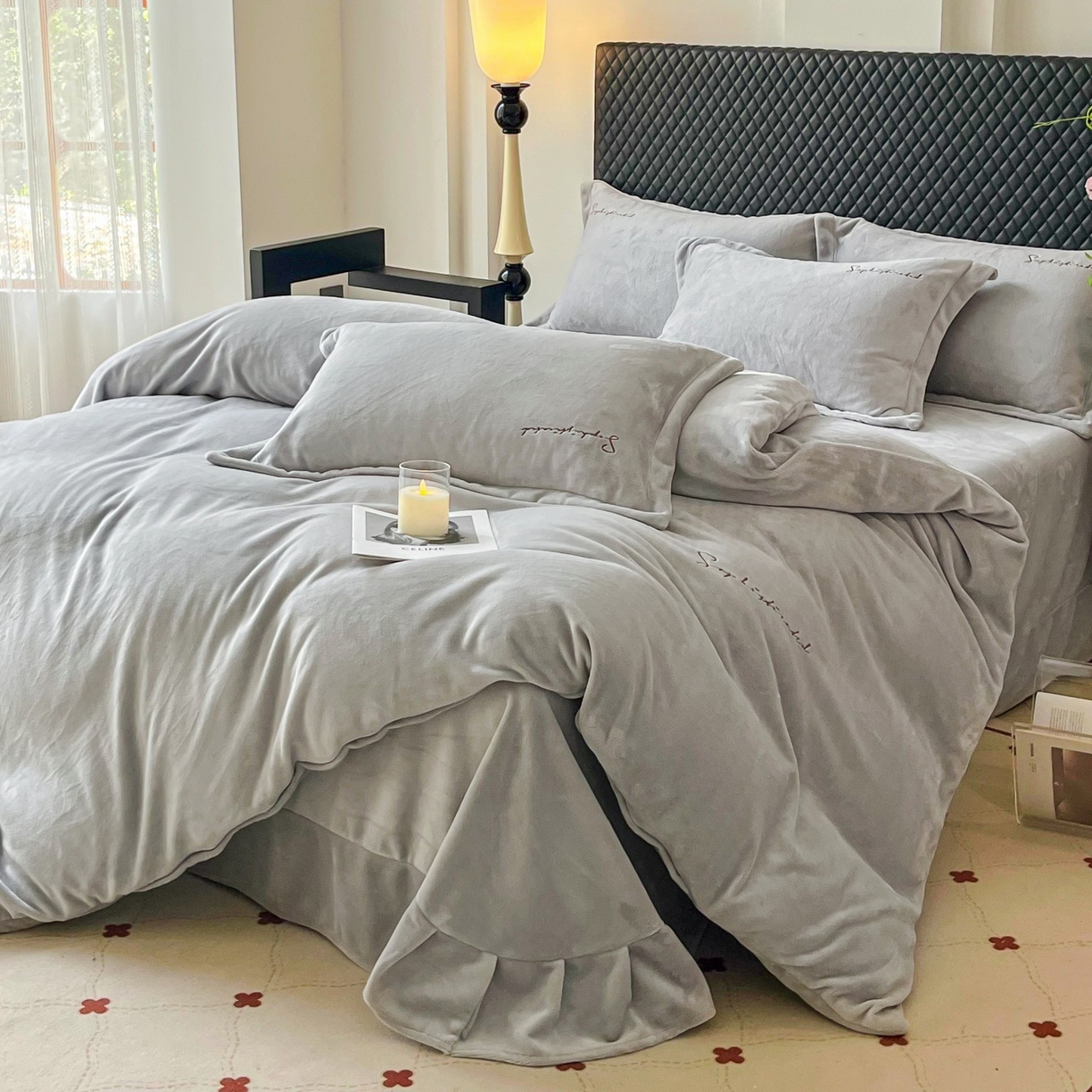 91家纺网 家纺一手货源 找家纺 庭笙 2025新款加厚牛奶绒8斤/9斤纯色蓄热保暖四件套-米莱 米莱-灰