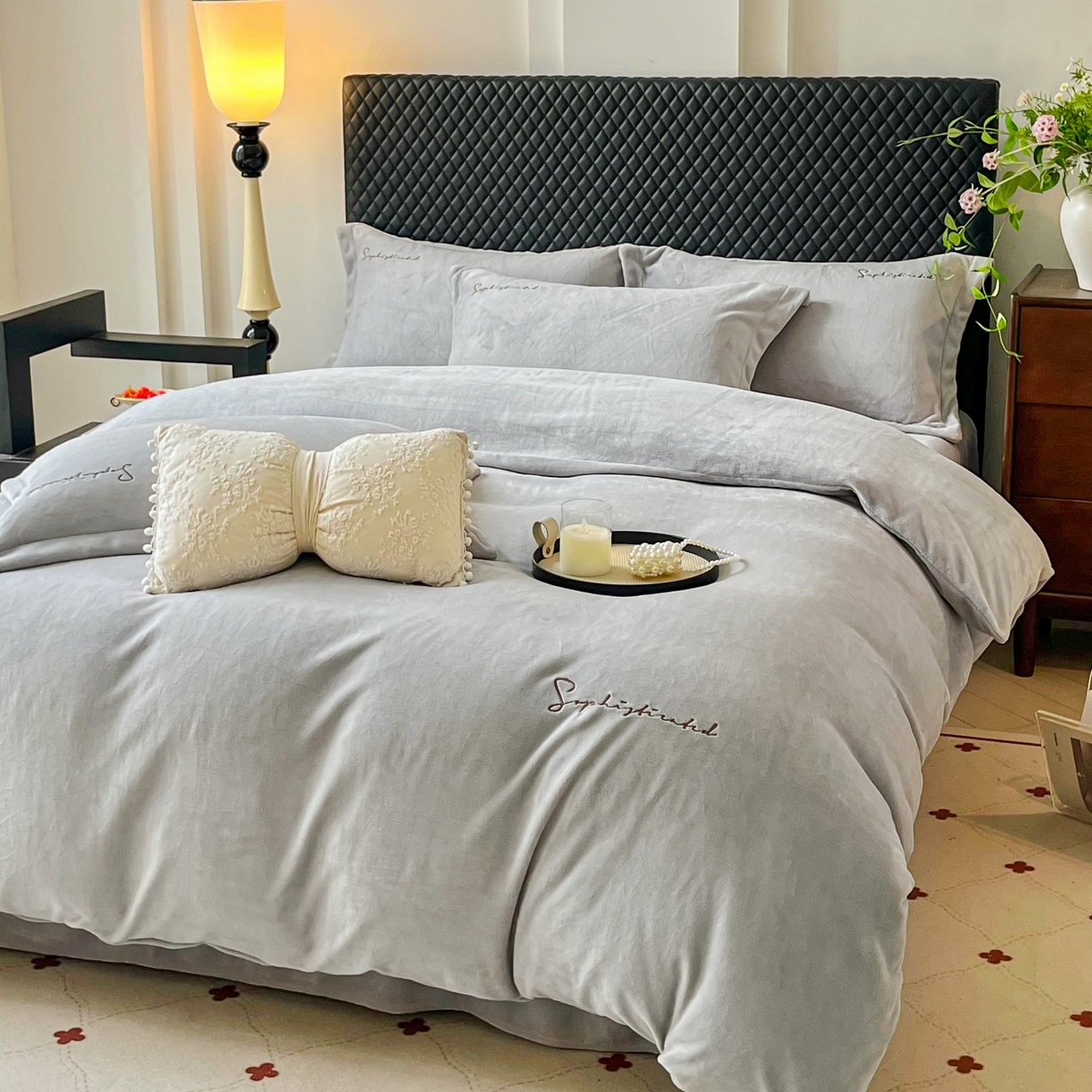 91家纺网 家纺一手货源 找家纺 庭笙 2025新款加厚牛奶绒8斤/9斤纯色蓄热保暖四件套-米莱 米莱-灰