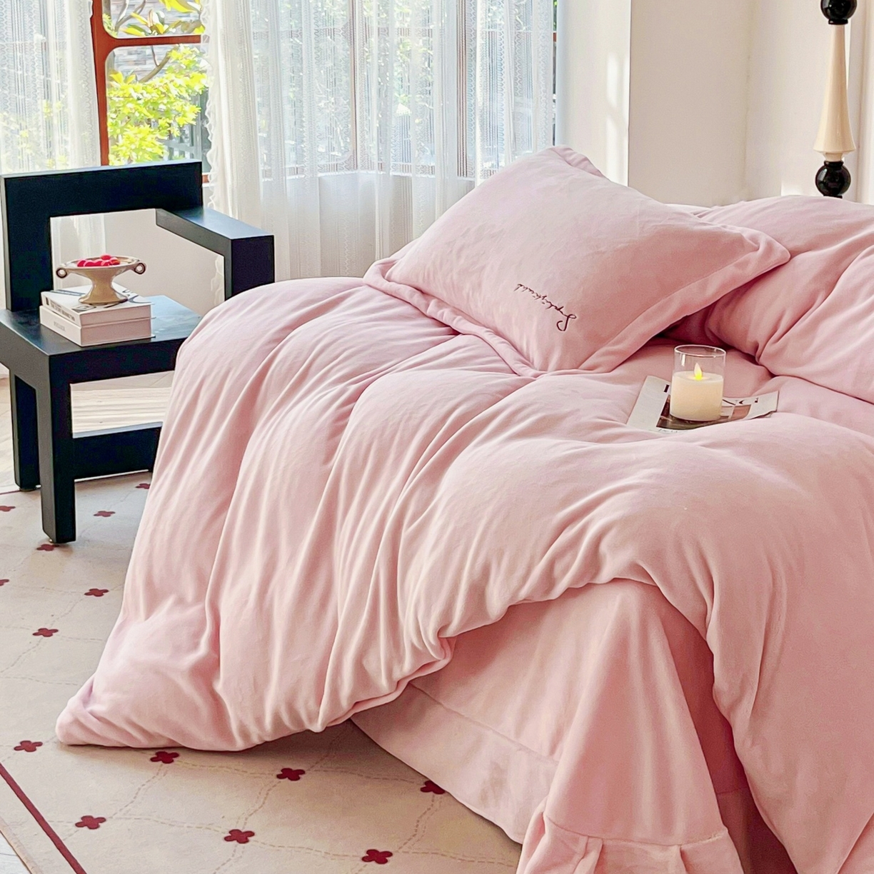 91家纺网 家纺一手货源 找家纺 庭笙 2025新款加厚牛奶绒8斤/9斤纯色蓄热保暖四件套-米莱 米莱-粉