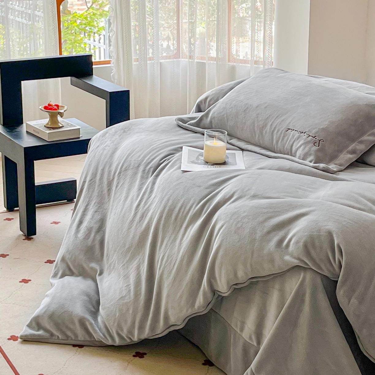 91家纺网 家纺一手货源 找家纺 庭笙 2025新款加厚牛奶绒8斤/9斤纯色蓄热保暖四件套-米莱 米莱-灰