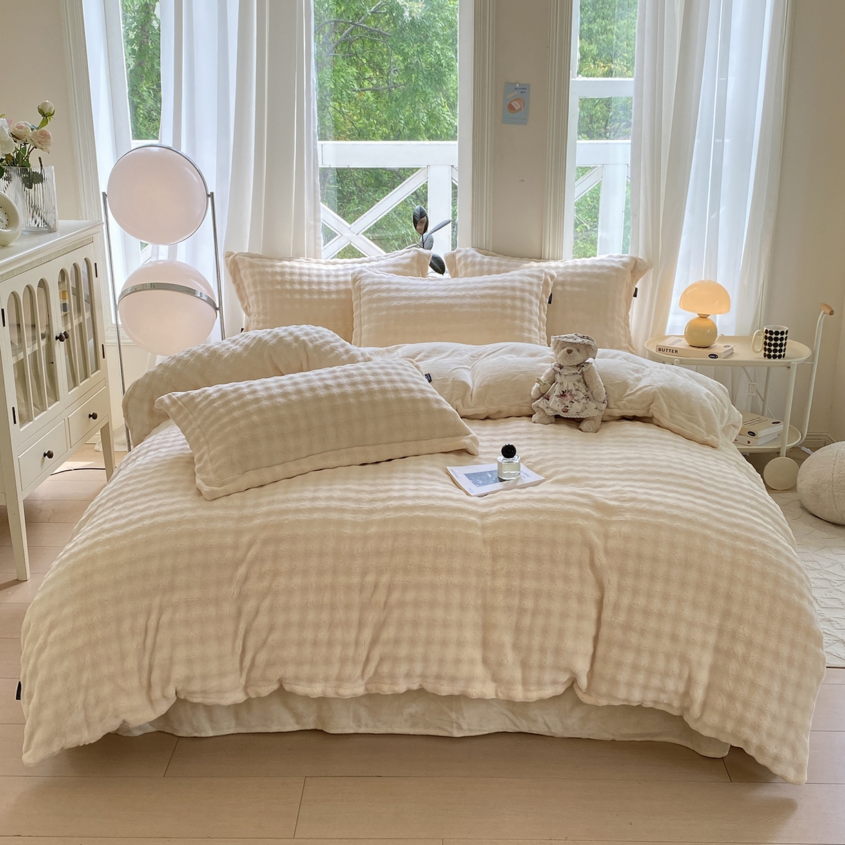 91家纺网 家纺一手货源 找家纺 悦织湾家纺 2025新款泡泡绒仿兔毛绒四件套牛奶绒纯色轻奢床上用品4件套货源足 泡泡绒-米白