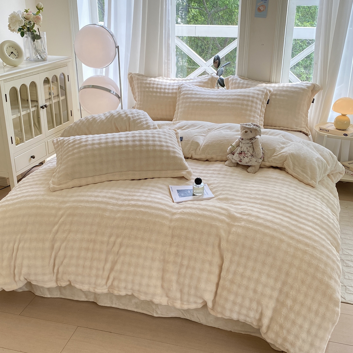 91家纺网 家纺一手货源 找家纺 悦织湾家纺 2025新款泡泡绒仿兔毛绒四件套牛奶绒纯色轻奢床上用品4件套货源足 泡泡绒-米白