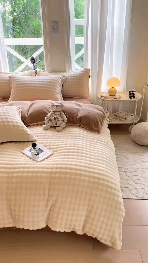 91家纺网 家纺一手货源 找家纺 悦织湾家纺 2025新款泡泡绒仿兔毛绒四件套牛奶绒纯色轻奢床上用品4件套货源足 泡泡绒-奶咖