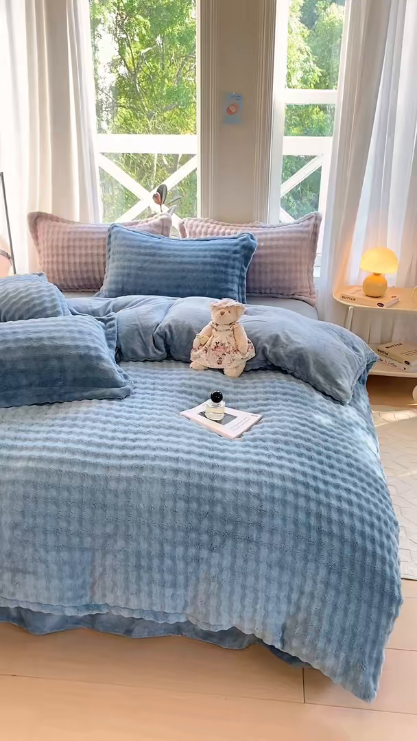 91家纺网 家纺一手货源 找家纺 悦织湾家纺 2025新款泡泡绒仿兔毛绒四件套牛奶绒纯色轻奢床上用品4件套货源足 泡泡绒-宾利蓝