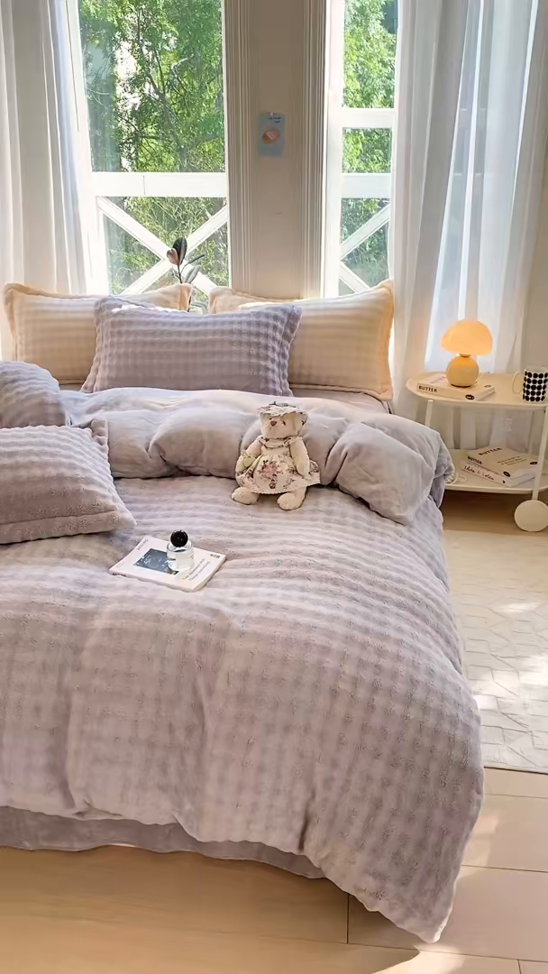91家纺网 家纺一手货源 找家纺 悦织湾家纺 2025新款泡泡绒仿兔毛绒四件套牛奶绒纯色轻奢床上用品4件套货源足 泡泡绒-高级灰