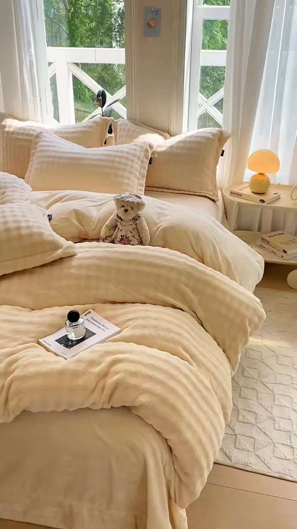 91家纺网 家纺一手货源 找家纺 悦织湾家纺 2025新款泡泡绒仿兔毛绒四件套牛奶绒纯色轻奢床上用品4件套货源足 泡泡绒-米白