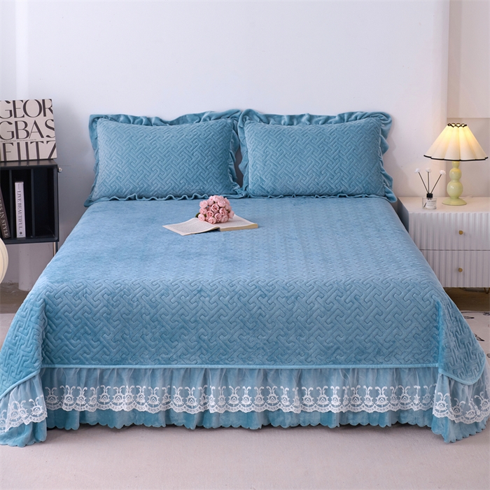 91家纺网 家纺一手货源 找家纺 畅畅家纺 2025新款11斤纯色韩版冬季超柔加厚牛奶花边床盖四件套 宝蓝