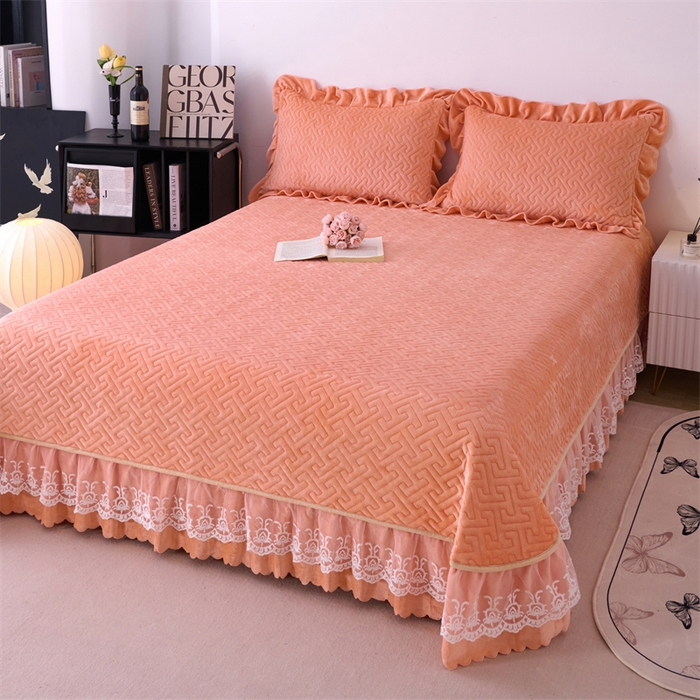 91家纺网 家纺一手货源 找家纺 畅畅家纺 2025新款11斤纯色韩版冬季超柔加厚牛奶花边床盖四件套 橙色