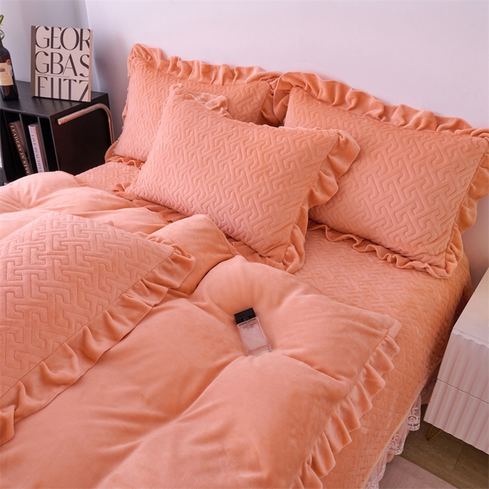 91家纺网 家纺一手货源 找家纺 畅畅家纺 2025新款11斤纯色韩版冬季超柔加厚牛奶花边床盖四件套 橙色