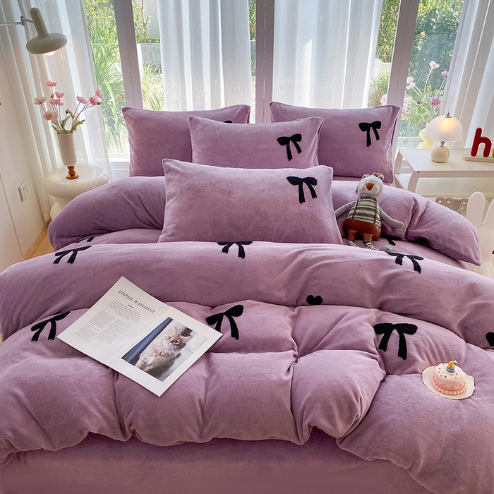 91家纺网 家纺一手货源 找家纺 （总）茉礼 2025新款心动蝴蝶结A类加厚牛奶绒四件套毛巾绣四件套