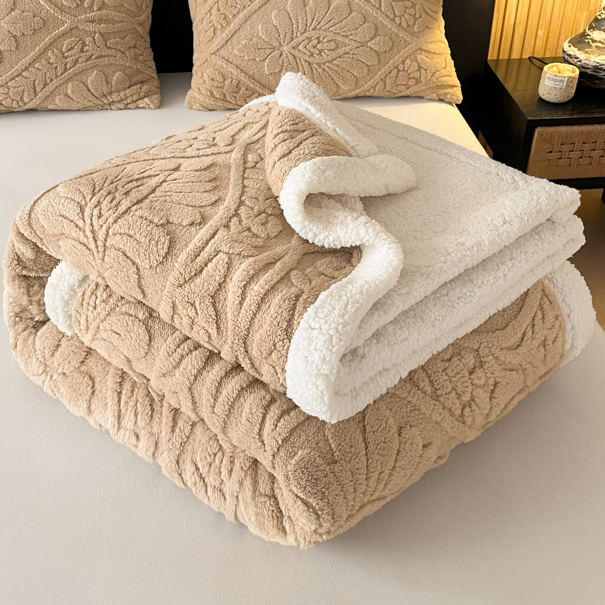 欧邦 2025新款提塔芙绒绒羊羔绒毛毯-繁花 繁花-香槟咖