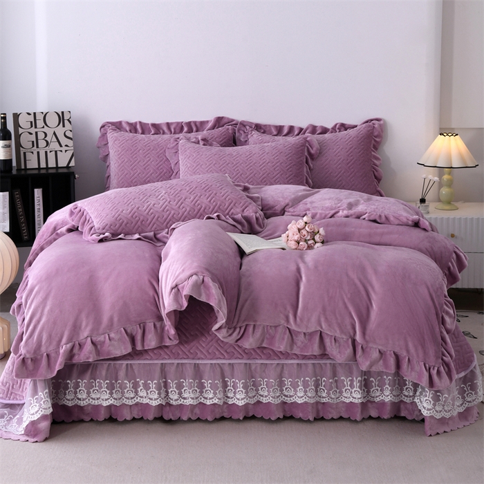 畅畅家纺 2025新款11斤纯色韩版冬季超柔加厚牛奶花边床盖四件套 罗兰紫