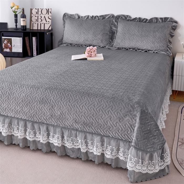 91家纺网 家纺一手货源 找家纺 畅畅家纺 2025新款11斤纯色韩版冬季超柔加厚牛奶花边床盖四件套 浅灰