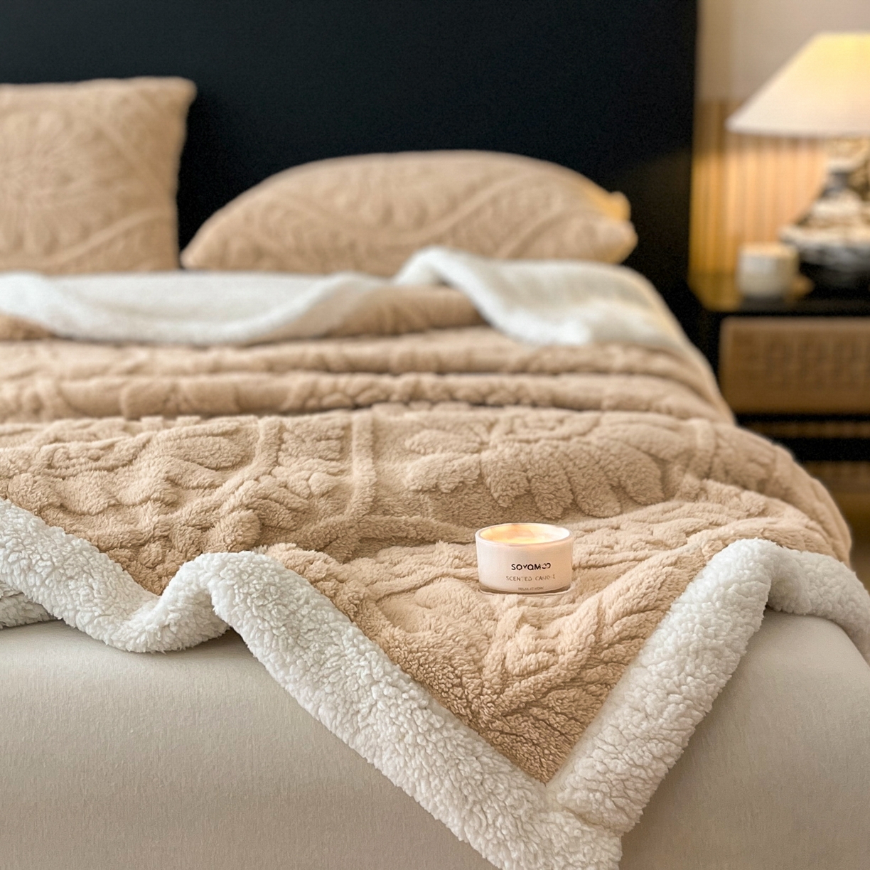 91家纺网 家纺一手货源 找家纺 欧邦 2025新款提塔芙绒绒羊羔绒毛毯-繁花 繁花-香槟咖