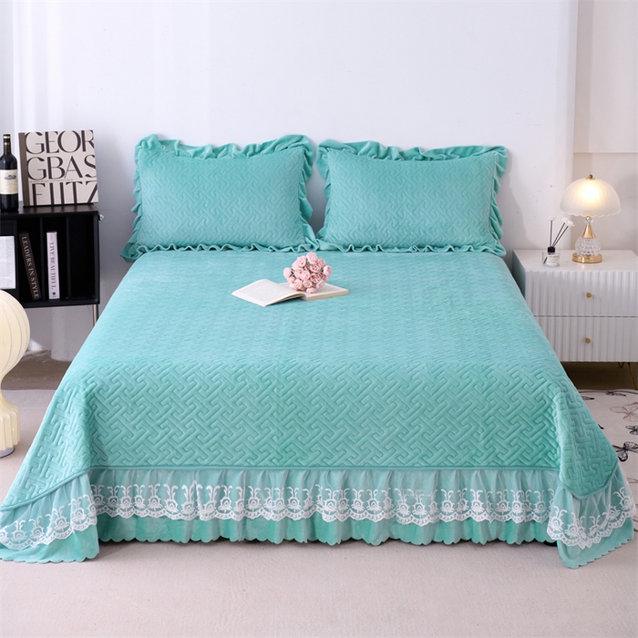 91家纺网 家纺一手货源 找家纺 畅畅家纺 2025新款11斤纯色韩版冬季超柔加厚牛奶花边床盖四件套 青蓝