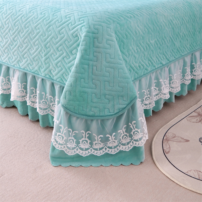 91家纺网 家纺一手货源 找家纺 畅畅家纺 2025新款11斤纯色韩版冬季超柔加厚牛奶花边床盖四件套 青蓝