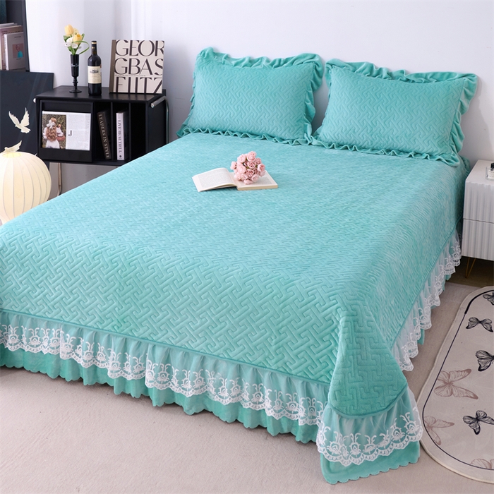 91家纺网 家纺一手货源 找家纺 畅畅家纺 2025新款11斤纯色韩版冬季超柔加厚牛奶花边床盖四件套 青蓝