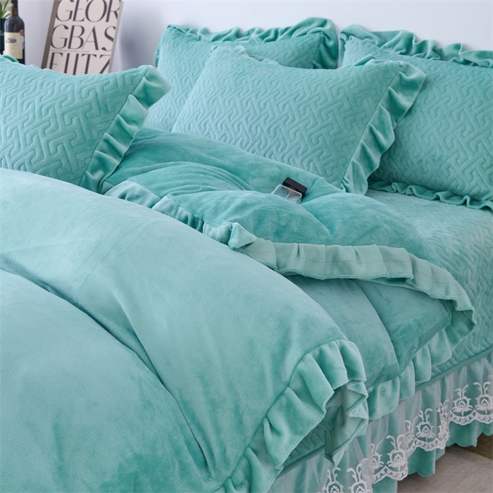 91家纺网 家纺一手货源 找家纺 畅畅家纺 2025新款11斤纯色韩版冬季超柔加厚牛奶花边床盖四件套 青蓝