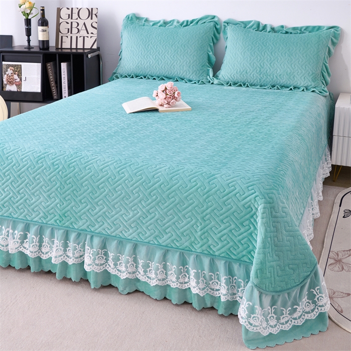 91家纺网 家纺一手货源 找家纺 畅畅家纺 2025新款11斤纯色韩版冬季超柔加厚牛奶花边床盖四件套 青蓝