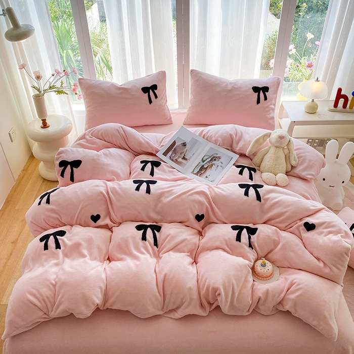 茉礼 2025新款心动蝴蝶结A类加厚牛奶绒四件套毛巾绣四件套 心动粉