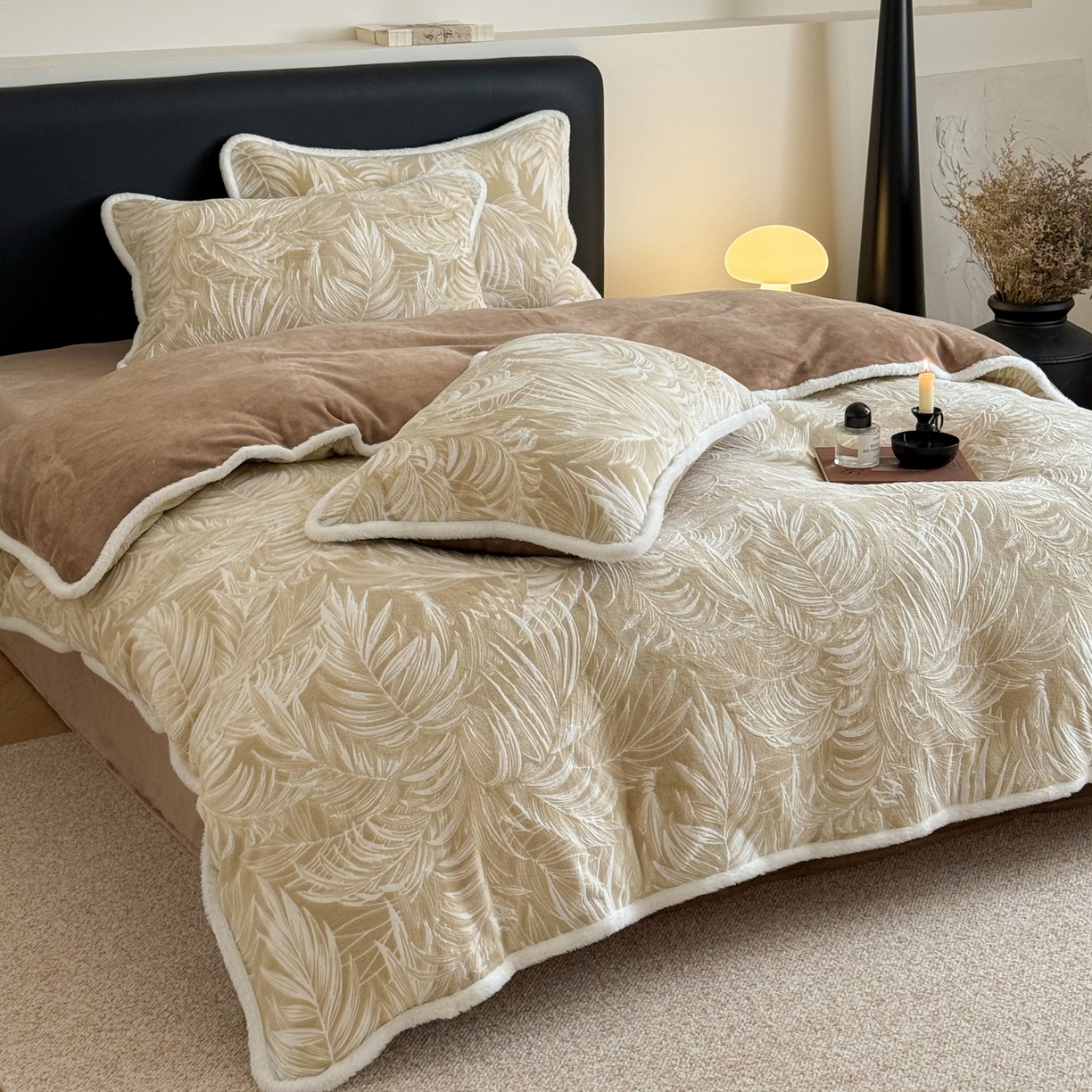 91家纺网 家纺一手货源 找家纺 沐棉家居 2025新款高克重立体雕花牛奶绒保暖四件套 热带雨林